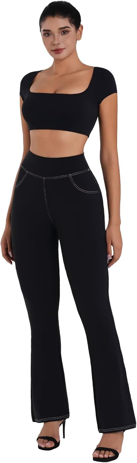 Sunzel Sustainable Flare Leggings for Women, Mini Bell Bottom Flared Yoga Pants with Denim Look, High Waisted Tummy Control - Image 7