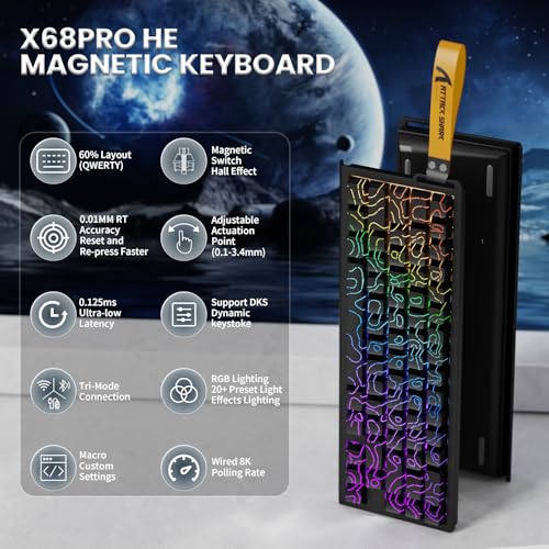 Image of ATTACK SHARK X68PRO HE Rapid Trigger Wireless Keyboard, 0.01mm RT Accuracy 8000Hz Wired Gaming Keyboard, Adjustable Actuation, Snap Tap, RGB Backlit, Magnetic Switch, C01 Coiled Cable -Black