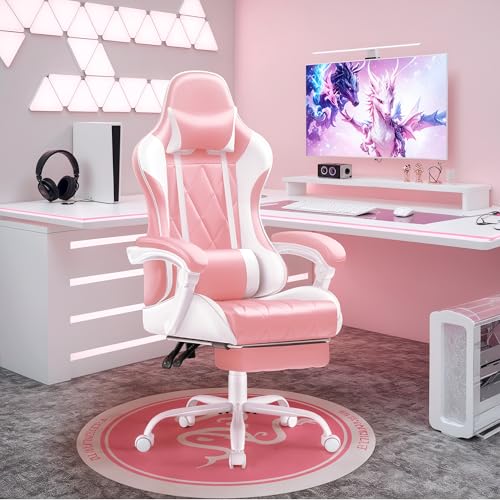 Pink Gaming Chair with Footrest, Massage Lumbar Support, and Ergonomic Design for Computer Users