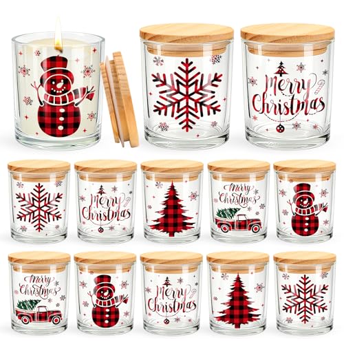 Whaline 10 Pcs Christmas Glass Candle Jars Plaids Xmas Tree Snowman Snowflake Empty Container Clear Glass Jars with Cork Lids for Candle Making Storing Biscuits Winter Holiday Party Decor