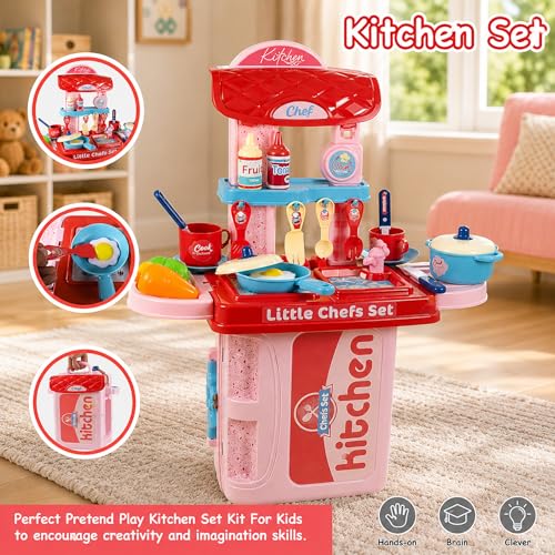 Image of WISHKEY Plastic 3 in 1 Kitchen Cooking Pretend Play Tool Set Toy for Little Chef's with Life Like Accessories & Cute Multi-Purpose Portable Suitcase for Kids ( Multicolor)