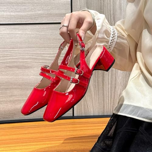 Hee grand Chunky Mary Jane Shoes for Women Closed Square Toe Ankle Buckles Heels Comfortable Low Block Heel Office Work Pumps Patent Leather Dress Shoes Slingback Sandals2