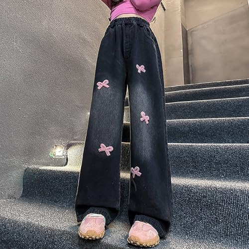 Kids Girls Bows Jeans Baggy Wide Leg Denim Pants Cute Elastic Waist Straight Trousers Trendy Y2k Streetwear with Pockets2