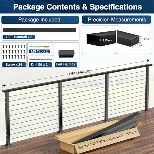 Image of 12FT Stainless Steel T304 Black Handrail, 3 Pack Rectangular Cuttable Handrail Flat Top Rail 2-3 /8 inchx1-3 /16 with Nylon End Caps for Indoor Outdoor Deck Stair Cable Railing System DIY Balustrade