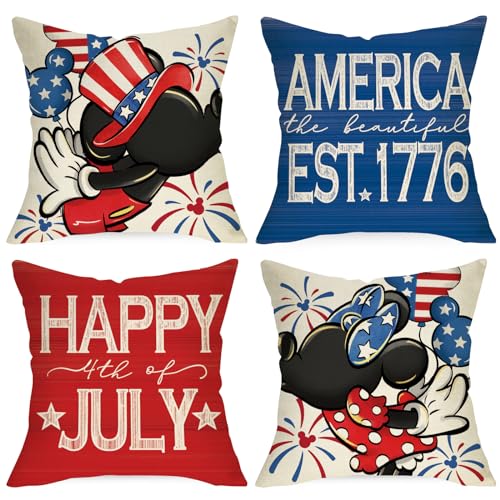 Ussap US-549-PC-18 Happy 4Th Of July Patriotic Decorative Throw Pillow Covers 18 X 18 Set Of 4, Cartoon Mouse America The Beautiful Est. 1776 Cushion Case Decor cover