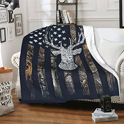 Manta cálida de forro polar ultra suave con bandera americana con ciervos para cama, sofá, sala de estar