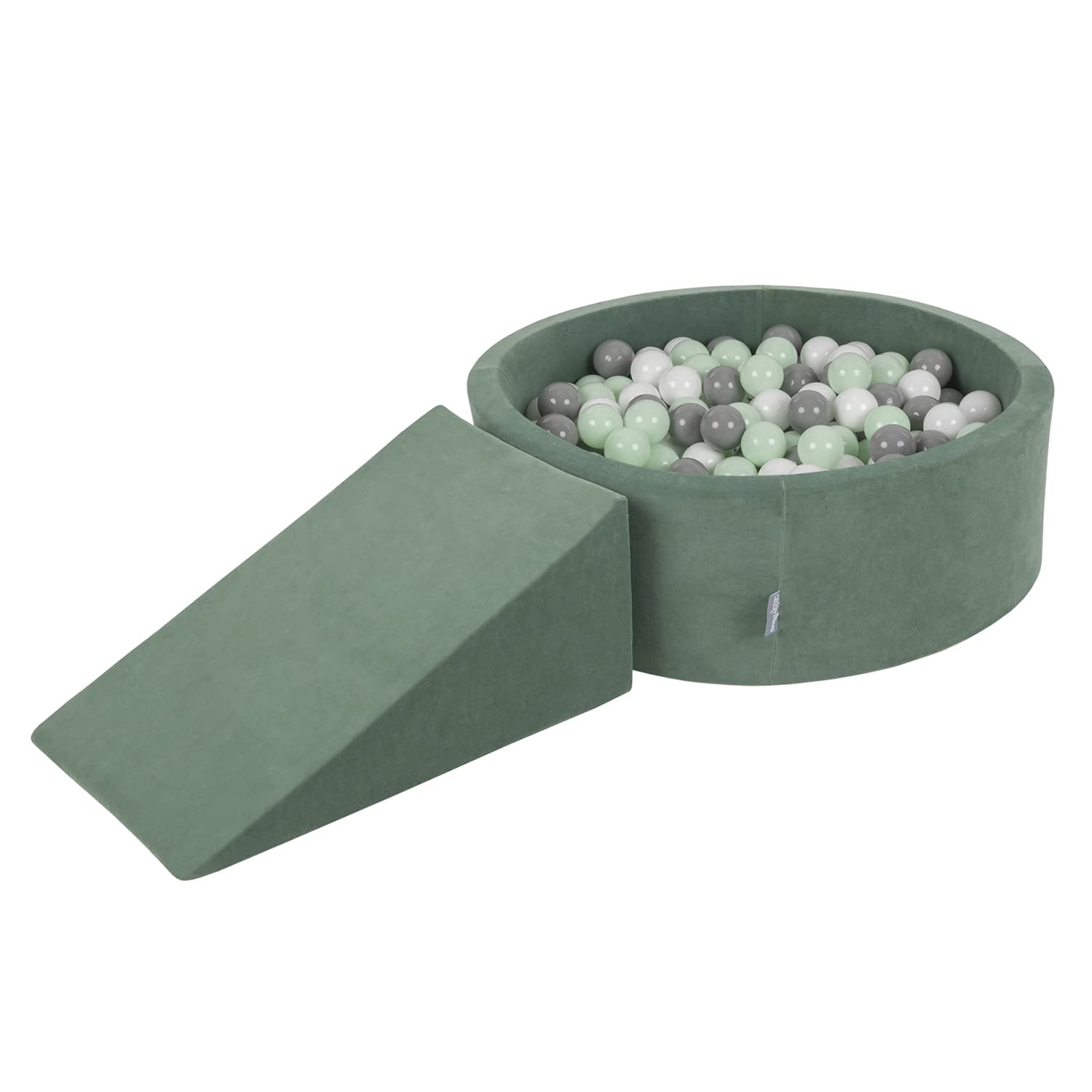 KiddyMoon Foam Playground Velvet For Kids With Round Ballpit (100 Balls โ
7Cm/2.75In) Soft Obstacles Course And Ball Pool, Forest Green:White/Grey/Mint