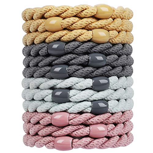 Cozeasy 12 Pcs Assorted Elastic Hair Ties, No-Metal Gentle Secure Hold Ponytail Hair Bands, No Damage or Snagging, Perfect for Girls and Women with Thick and Curly Hair (Pink/Yellow/Grey/Green)