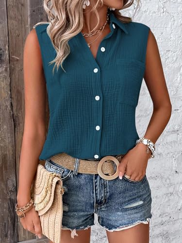 Image of GLASGO Women's 100% Cotton Sleeveless Button Down Shirt | Casual Summer Collared Tank Top | Soft Breathable Fabric Stylish Piece