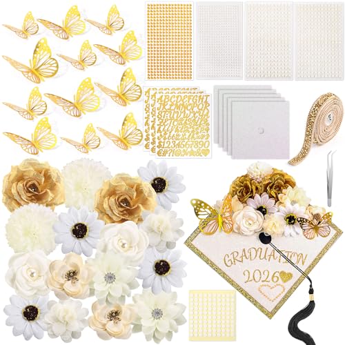 Wavwavw 43 PCS DIY Graduation Cap Decorations Kit Grad Cap Decorations Included Faux Flowers 3D Butterfly Self Adhesive Rhinestones Stickers Alphabet Letter Stickers for 2026 Grad Party(White)