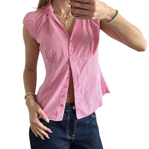 Image of Y2k Girls Vintage Coquette Button Down Shirt Women Short Sleeve V-Neck Slim Fitted T-Shirt Cute Blouse Crop Top