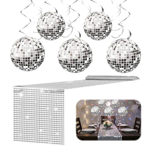 Chemin de Table Disco 28 x 275 cm Argenté avec 6 Boules Miroir, Déco à Paillettes pour Fête Années 70 80, Mariage, Anniversaire, Soirée Dansante,...