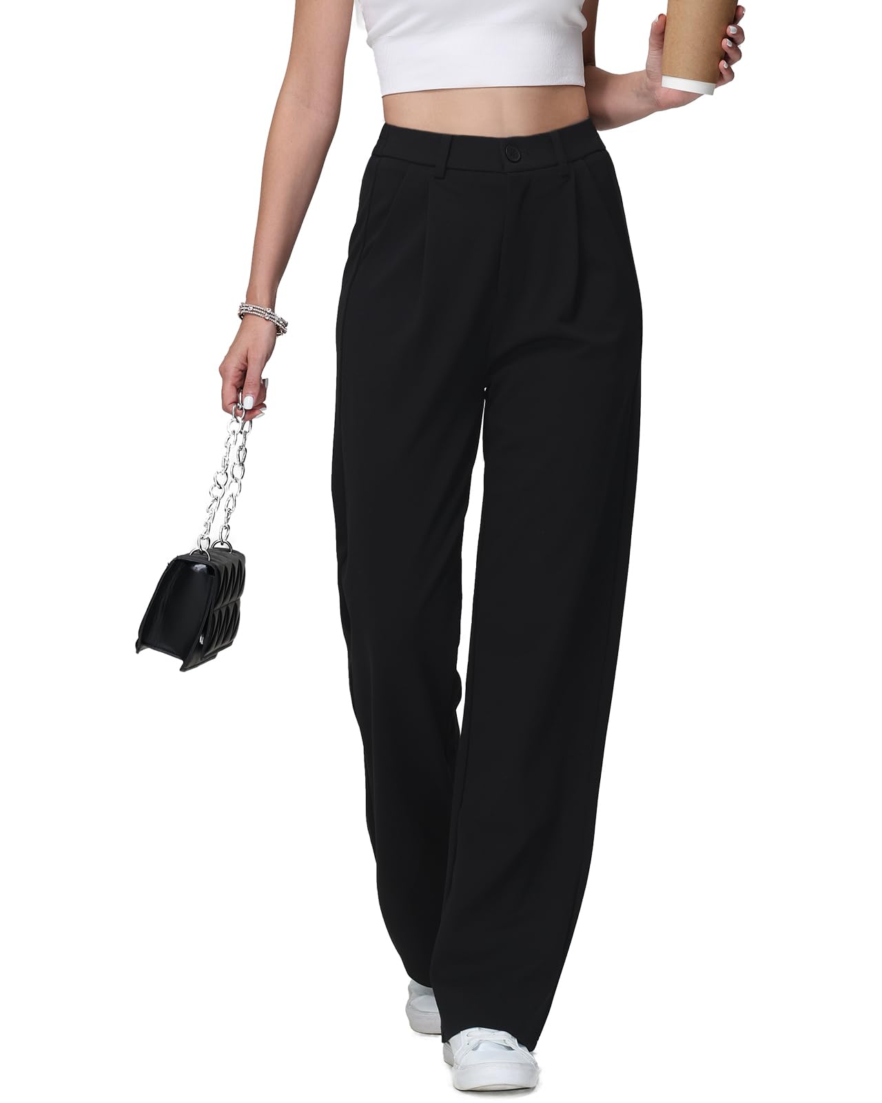 HMIYA Weite Hosen Damen Lässig Gerade Stoffhose Business Elegant Dünne Herbst Hose mit Tasche,Schwarze,3XL/34L