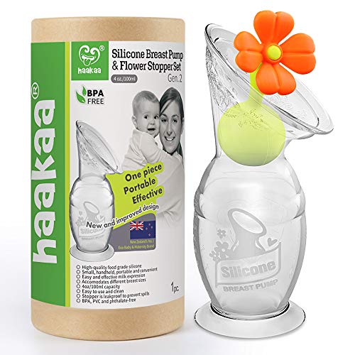 Image of Haakaa Silicone Breast Pump with Suction Base and Flower Stopper 100% Food Grade Silicone BPA PVC and Phthalate Free (4oz/100ml) (Orange)