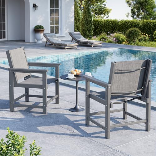 Image of Amopatio HDPE Patio Dining Chair Set of 2 with Armrests - Textilene Outdoor Chair with Wide Seat for Poolside, All Weather UV Resistant Heavy Duty Patio Chair for Backyard Balcony & Deck(Gray)
