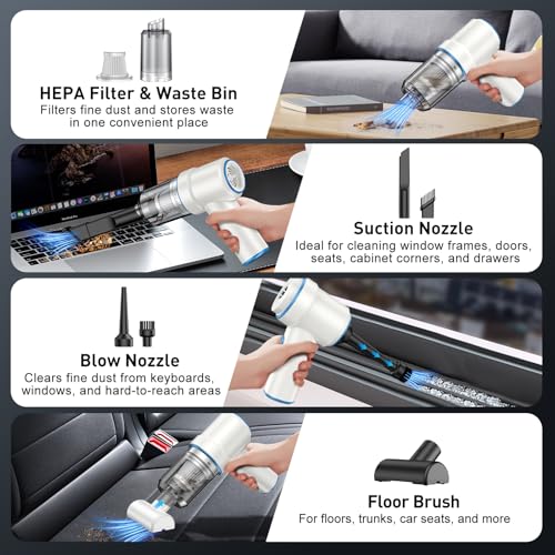 Image of KMM Handheld Car Vacuum Cleaner, 9000PA Vacuum Cleaner & Air Duster, 120W High Power Vacuum Portable Cordless, Hand Held Vacuum Rechargeable with Multi-Nozzles & LED Light for Home, Car, Office