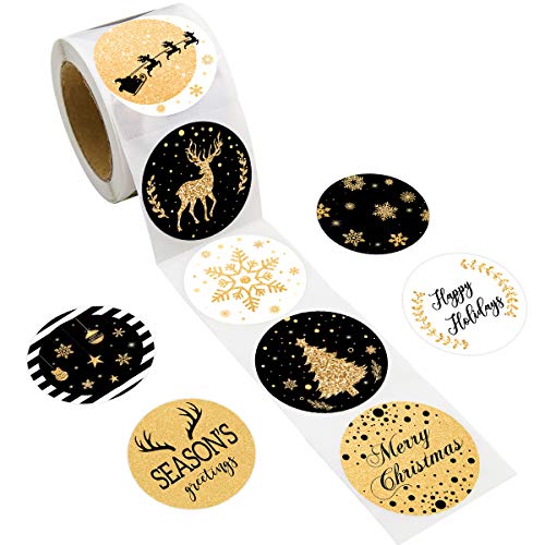 Image of Fancy Land Christmas Stickers for Envelopes Holiday Envelope Seals 500PCS Black & Gold Seals Faux Glitter for Holiday Christmas Party Decoration