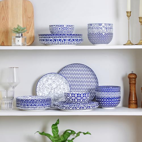 Image of Selamica Ceramic Plates and Bowls Sets,24 Pieces Dinnerware Sets for 8,Scratch Resistant Dish Set for family gathering,Dishwasher & Microwave Safe, Vintage Blue