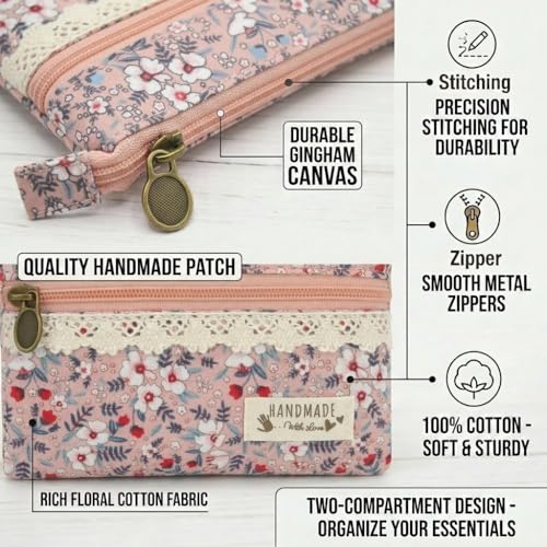 Image of Women Small Zipper Coin Purse, Handmade Fabric Flower Embroidered Change Pouch, Cotton Double Zipper Wallet