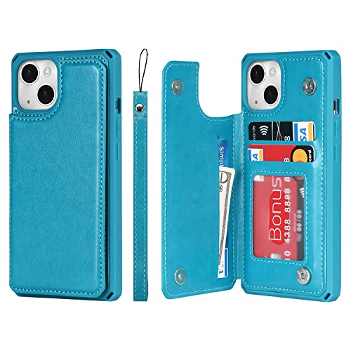 Coque iPhone 13 portefeuille en cuir PU bleu avec 3 porte-cartes et lanière amovible Cavor