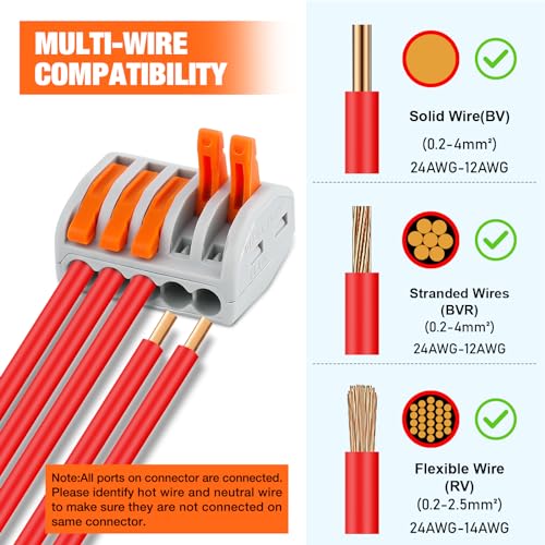 Image of Nilight 115PCS Lever Wire Connectors Nuts Kit 28-12AWG Inline Electrical Terminal 2 3 4 5 Port Assortment Quick Disconnect Push in Wires Connectors for Solid Stranded Wiring Projects