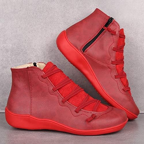 Ankle Boots for Women Low Heel Women's Vintage Casual Short Boot Arch Support Fashion No Lace Up Side Zipper Retro Leather Booties Comfortable Slip on Flat Shoes