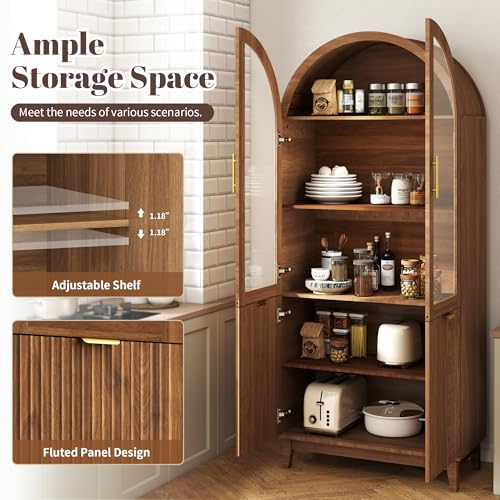 Image of Pamapic 71 inch Tall Arched Cabinet with Glass Doors, Fluted Kitchen Pantry Cabinet, Modern Wood Storage Cabinet with Adjustable Shelves, Curio Display ChinaCabinet for Dining Room, Living Room(Walnut)