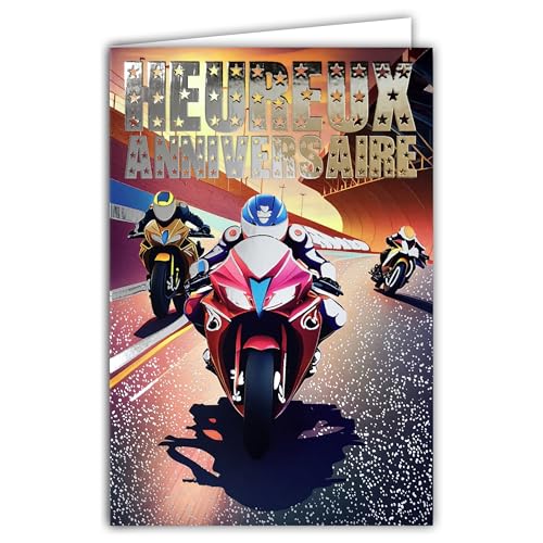 67-1286 - Tarjeta de felicitación de cumpleaños, moto GP, carrera, velocidad de circuito, plateado brillante, ilustración, 1 año más, regalo para motociclistas y ciclistas, con sobres blancos, formato