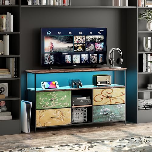 Mobile TV 108 cm, Mobile TV industriale con 4 cassetti tavolo TV soggiorno mobile Tele Led legno Panca TV Tessuto Cassetti Telaio in Acciaio Armadio di Stoccaggio Industriale Camera (4 Cassetti-Stile