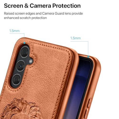 Image of Vaku Luxos Lion Embossed Back Cover Case for Samsung Galaxy S23 FE Premium Leather Stitched Soft Shockproof Protective TPU Phone Case Camera Screen Protector- Brown