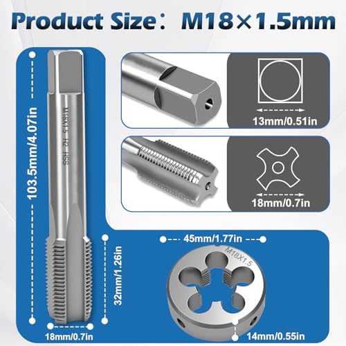 2 Stück M18 X 1,5mm Gewindeschneider und Gewindeschneideisen, Gewindeschneid set M18* 1,5mm，Metrische Gewindeschneideisen Gewindebohrer aus HSS Stahl