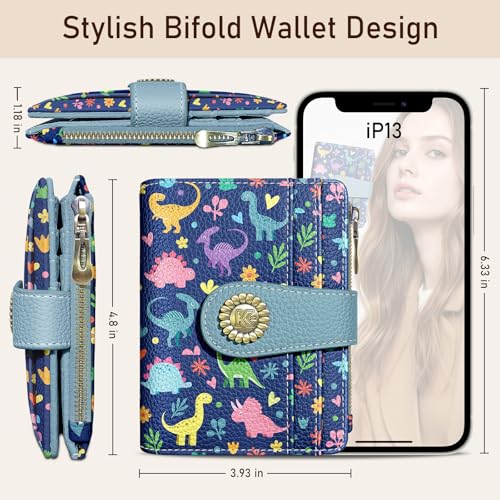 Image of Kelvoris Cute Dinosaurs Small Rfid Women Wallet Bifold Zipper Coin Pocket PU Leather Compact Cash Credit Card Holder Travel Wallet for Female Ladies Teen Girls 1 ID Window 10 Card Slots