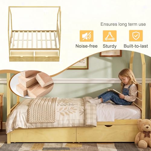 Image of Full Size House-Shape Platform Bed with Headboard and 2 Storage Drawers, Montessori Wood Bed Frame with Roof and Chimney Design, No Box Spring Needed, Easy Assembly (Natural-06, Full)