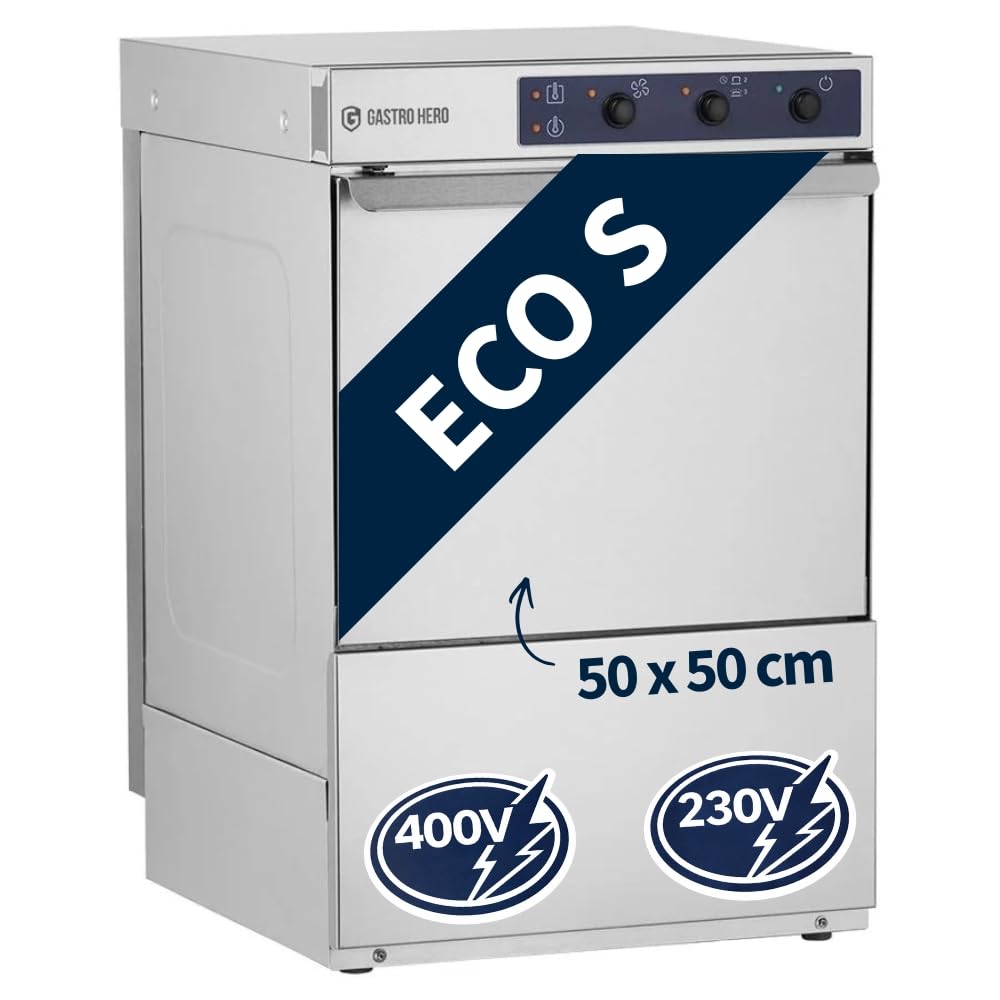 GastroHero Geschirrspülmaschine 50x50, 230/400 V, Edelstahl GSME54S | 30 Körbe/Stunde, Reiniger- & Klarspüldosierer, Made in Europe, 320 mm Einschubhöhe, Spannung umschaltbar, 2 Spülprogramme