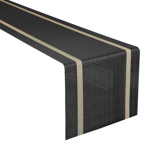 FAVE Woven Vinyl Table Runner Black Table Runner Woven with Golden Threads 72x12 Inches...