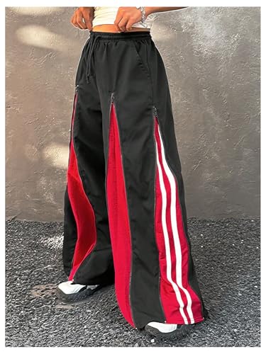 Girl's Striped Sweatpants Y2k Zipper Decor Drawstring Waist Wide Leg Baggy Track Pants3