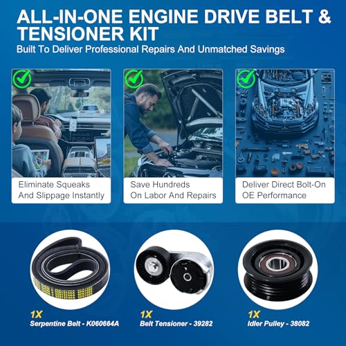 Image of Serpentine Belt Drive Component Kit with Tensioner & Idler Pulley Fit Jeep Grand Cherokee 2016-2022 V6 3.6L & Dodge Durango 2016-2024 V6 3.6L, Replace 90K-39282B