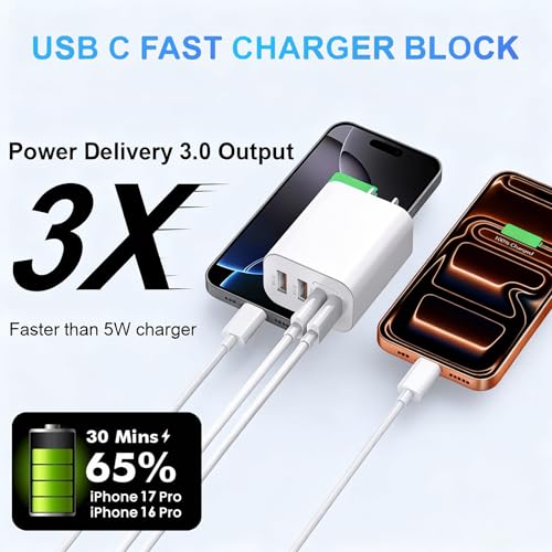 Image of iPhone 17 Charger Fast Charging,2Pack 60W Multiport Power Adapter 4-Port USB-C USB-A iPhone Charger Block with 10FT USB C to C Charger Cable Cord for Apple iPhone17 Pro Max /17e /16e /16Pro /15Plus,iPad
