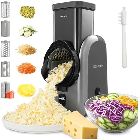 JLH Kitchen Electric Cheese Grater – Rotary Mandoline Veggie Slicer with 5 Interchangeable Blades, One-Touch Food Chopper & Shredder for Cheese, Vegetables, Potatoes, Salad, Nuts(Grey)