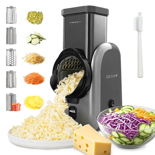 JLH - JLH Kitchen Electric Cheese Grater – Rotary Mandoline Veggie Slicer with 5 Interchangeable Blades, One-Touch Food Chopper & Shredder for Cheese, Vegetables, Potatoes, Salad, Nuts(Grey)