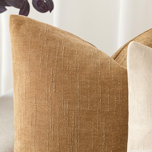 Image of Foindtower Set of 2 Soft Textured Chenille Throw Decorative Pillow Covers Square Accent Solid Cushion Cover Neutral Farmhouse Pillow Case for Couch Sofa Bedroom Living Room 18x18 Inch,Golden Brown