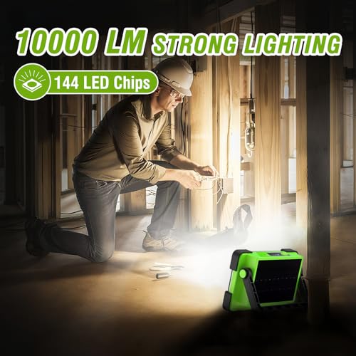 Image of Solar Rechargeable Work Light, 144 LED 10000LM Led Work Light with 4 Modes | Portable Flood Light with Stand, IP66 Waterproof Outdoor Working Light for Emergency Mechanic Camping Repair