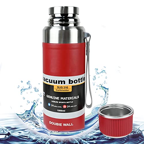 Edelstahl Trinkflasche 1000ML Thermoskanne vakuumisolierte Wasserflasche Edelstahlflasche 6-24 Stunden warm Grosse Kapazität Isolierflasche Verwendung im Freien mit tragbarem Seil bequem Rot Cover