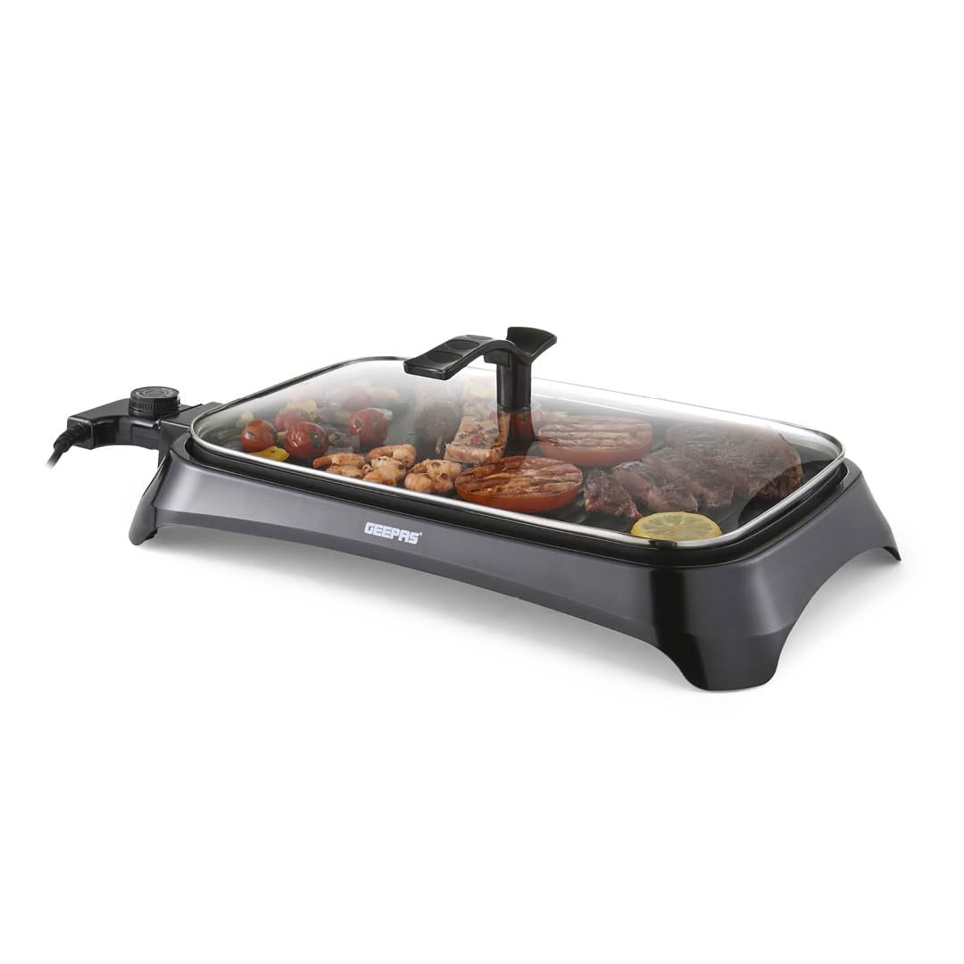 Geepas 1600W Electric Barbecue 2-in-1 Grill With Hot Plate, Smokeless Indoor BBQ and Griddle Hot Plate with Built In Drip Tray | Adjustable Temperature | 2 Year Warranty