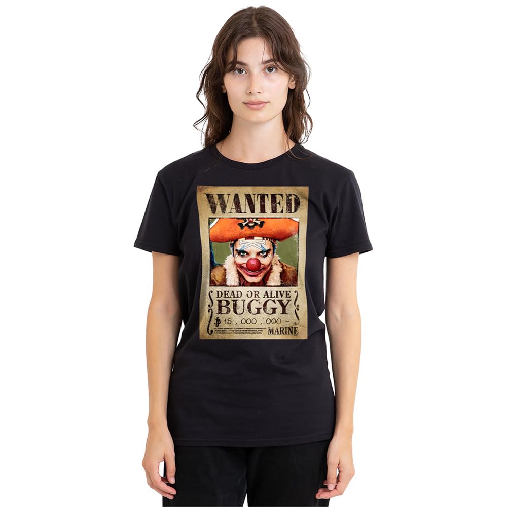 One Piece Buggy The Clown Pirate Wanted Poster Ladies T Shirt, Black, Medium