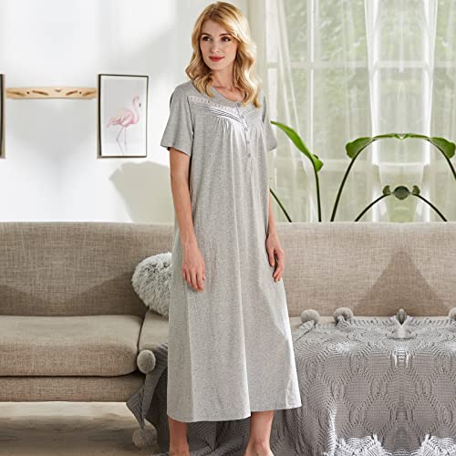 Keyocean Women Nightgowns, Soft Comfortable 100% Cotton Short Sleeves Ladies Nightdress, Light Grey, Medium #TOP2