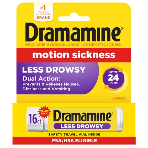 Dramamine Motion Sickness Less Drowsy, for Nausea Relief During Travel, 16 Count