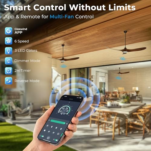 Image of 60 inch Outdoor Ceiling Fan with Light-Glass Lamp, 3 blade Wood Propeller Ceiling Fans with Lights and Remote Control for Patios, Exterior Damp Rated High CFM Ceiling Fans Modern Smart APP