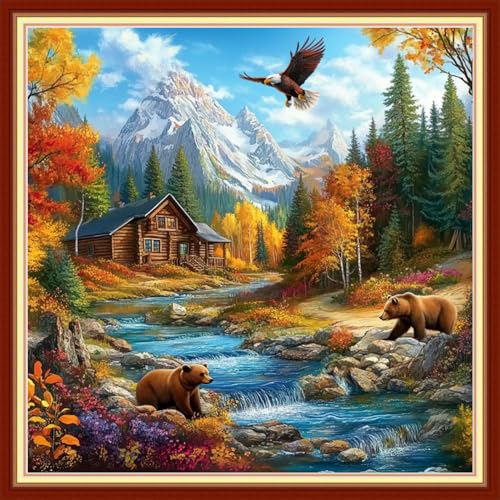 Image of Fanxvivy Stamped Cross Stitch Kits for Beginners Full Range of Cross Stitching Preprinted Embroidery Kits for Adults, 11CT Embroidery Pattern Needlepoint Kits-Late Autumn 18x18 inch
