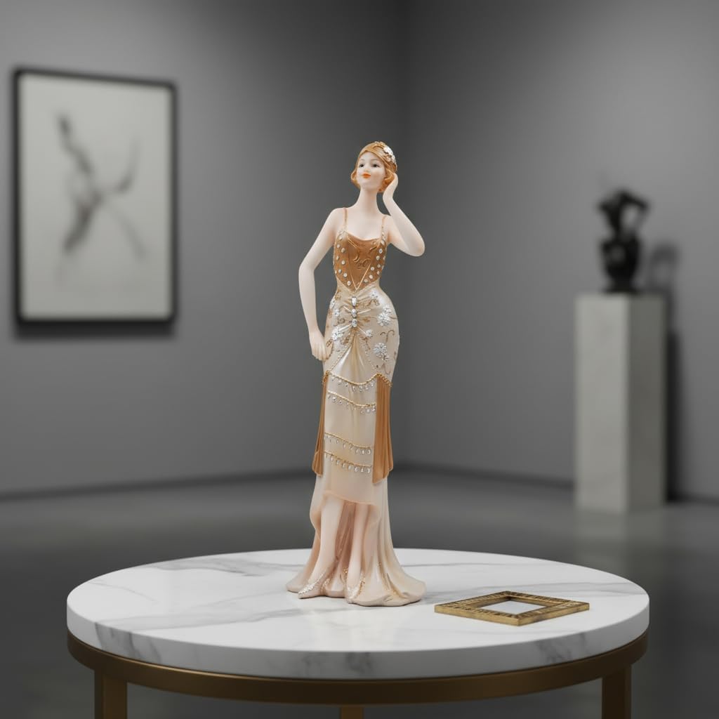 Comfy Hour 13" Glamour Elegance Art Deco Lady Figurine, Elegant Standing Woman Statue in Shimmering Gold and Tan Gown, Roaring 20s Style Desktop Decor Accent, 1 Unit